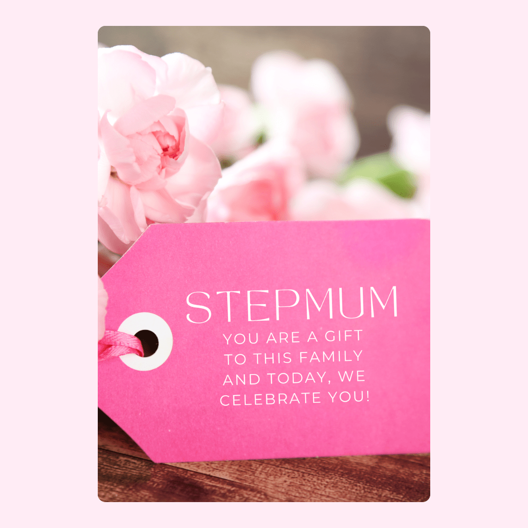 Step Mum gift tag with flowers, celebrating her.