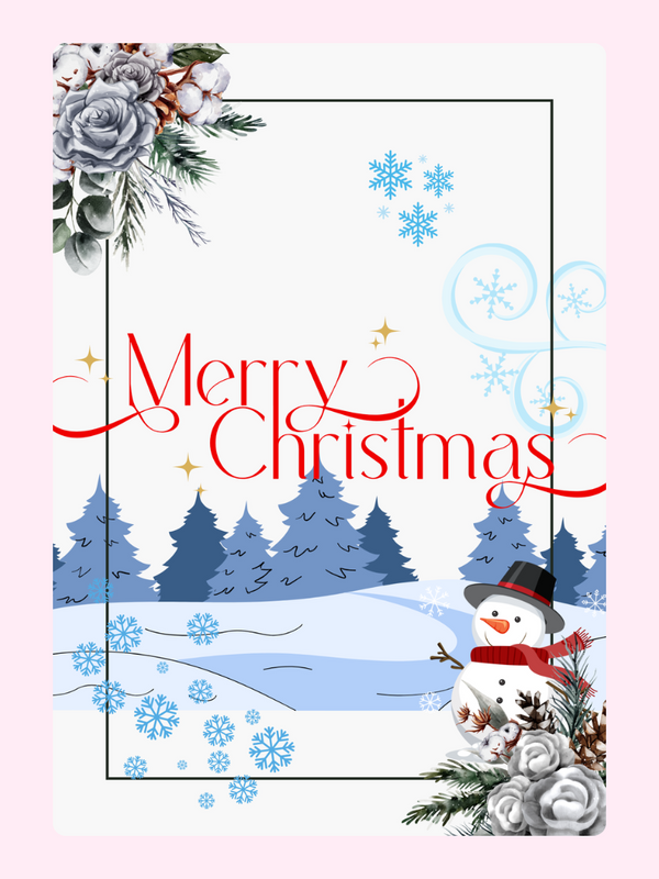 Christmas card with snowman and Merry Christmas greeting