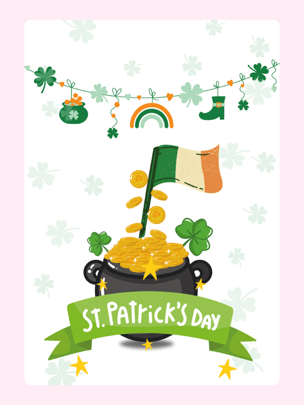 pot of gold, Irish flag, and clovers.