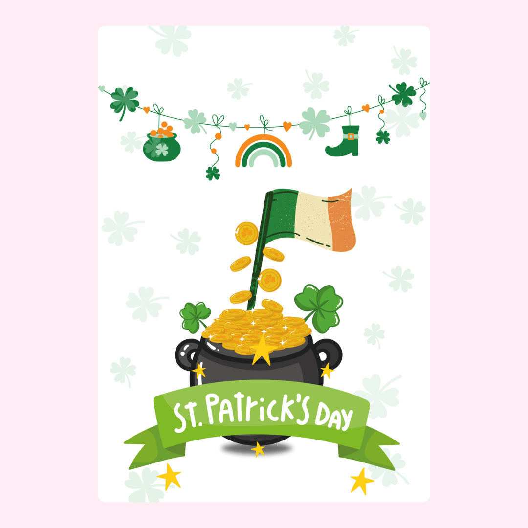pot of gold, Irish flag, and clovers.