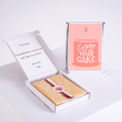 Cake gift box with card, congratulating Sarah.