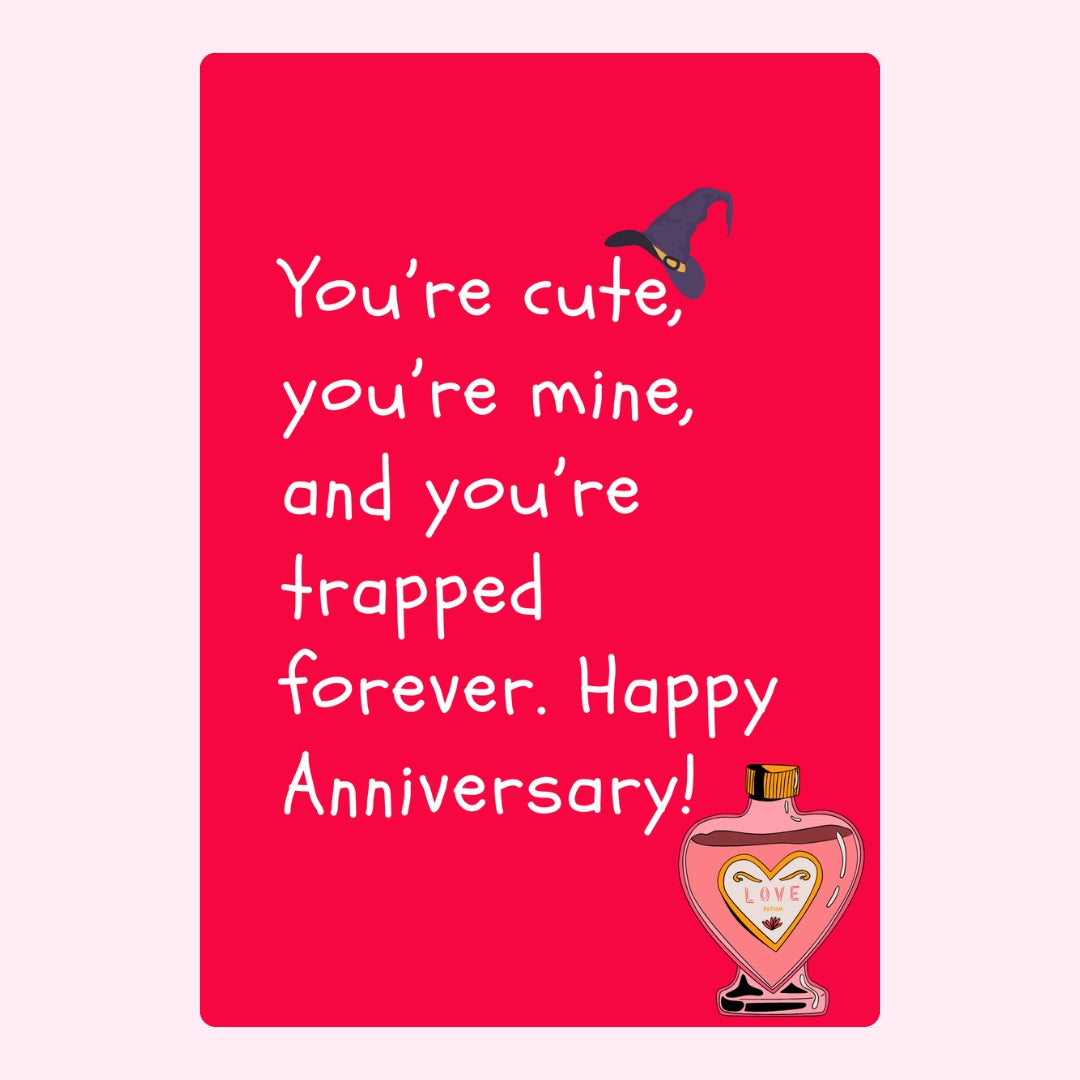 Anniversary message for boyfriend on red background with witch hat and love potion illustrations.