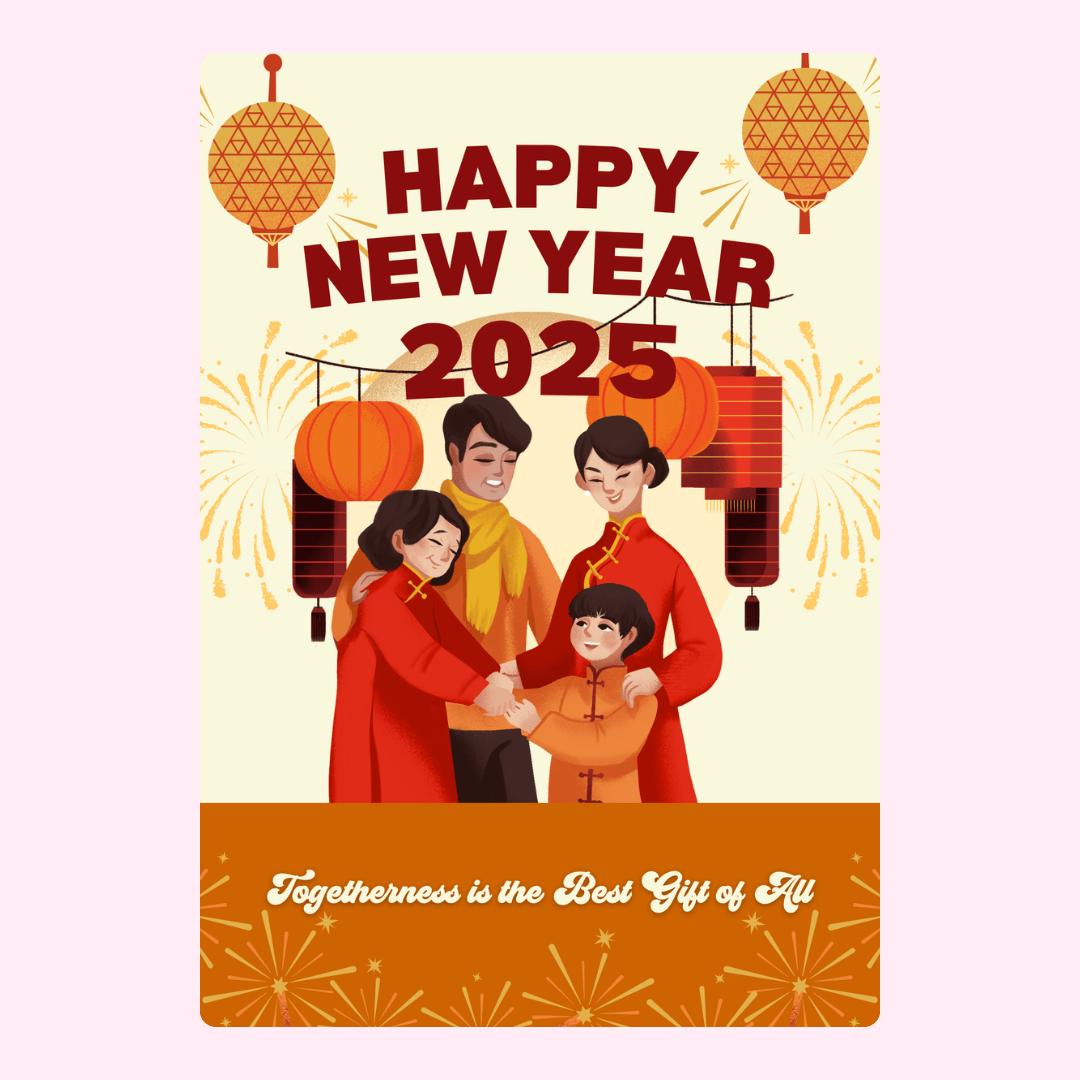 Happy New Year 2025 family portrait with lanterns.