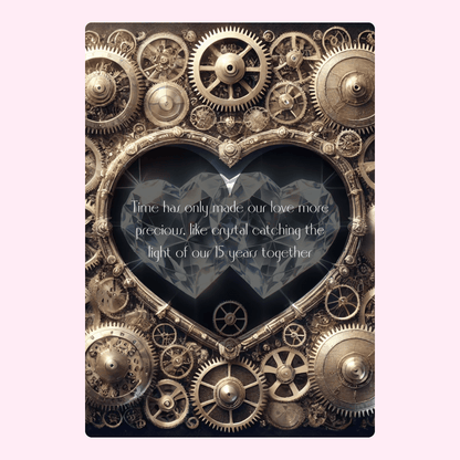 Steampunk heart card celebrating 15 years of love, gears & diamond details.