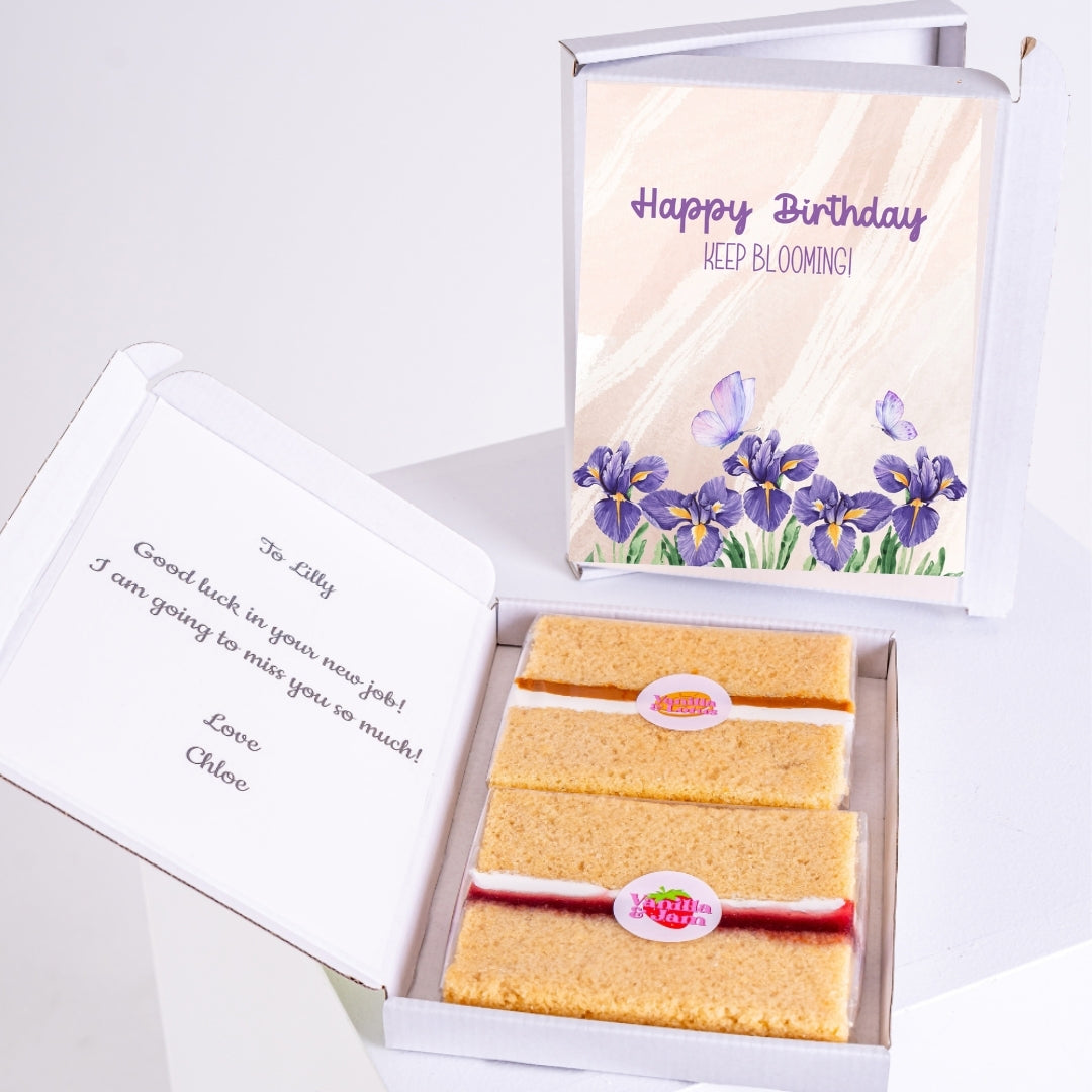 Gift with purple flowers and message