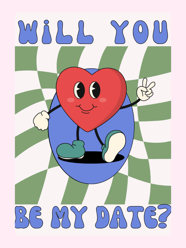 Will you be my date? Retro heart graphic.