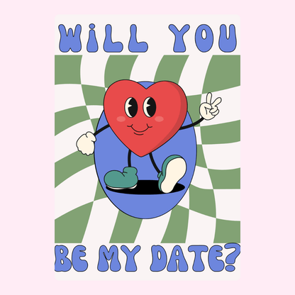 Will you be my date? Retro heart graphic.