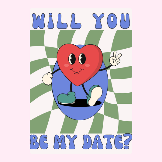 Will you be my date? Retro heart graphic.
