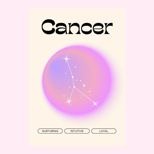 Gradient moon and stars with Cancer zodiac and traits.