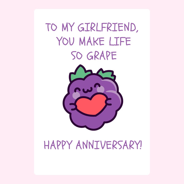 Mum and Dad anniversary message with cute grape cartoon and heart.
