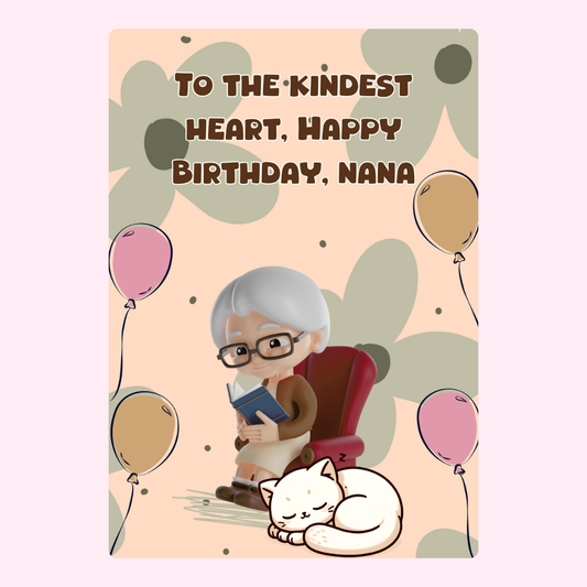 Happy Birthday Nana card with cat & balloons