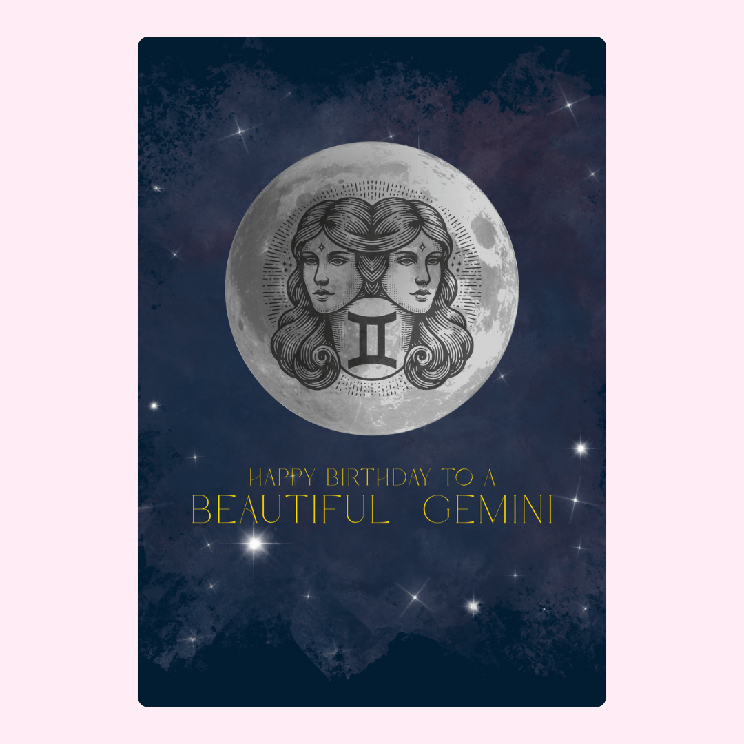 Gemini birthday card with moon and stars