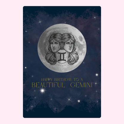 Gemini birthday card with moon and stars