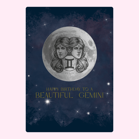Gemini birthday card with moon and stars