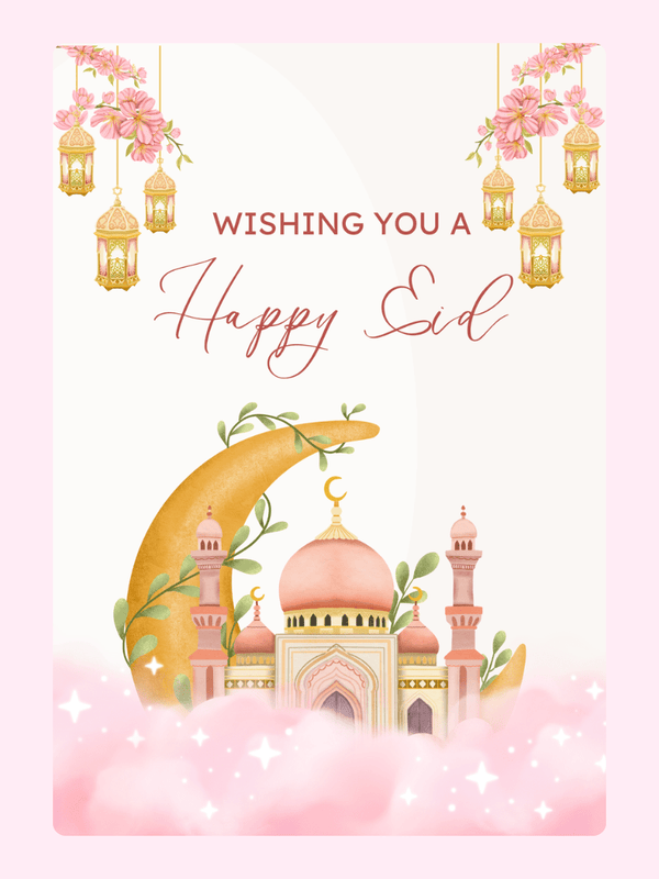 Happy Eid card with mosque, moon, and lanterns