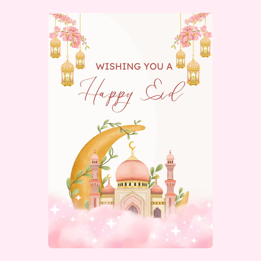 Happy Eid card with mosque, moon, and lanterns