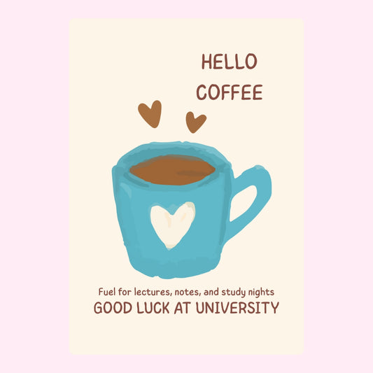 Blue coffee cup with good luck at university message.