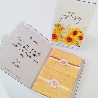 Cake gift box with sunflowers and message Just to say