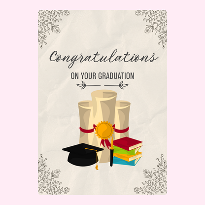 Graduation congratulations card with scrolls, books, and cap.