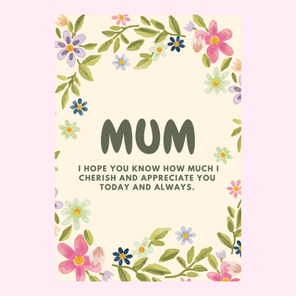 Mother's Day card with Mum surrounded by flowers,...