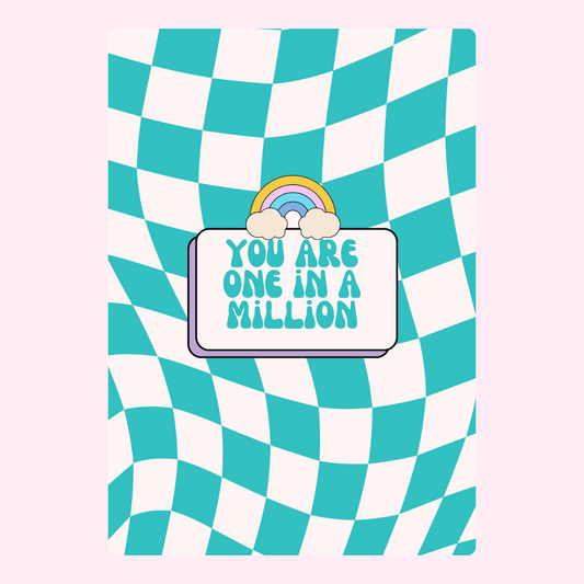You are one in a million card with a checkered background.