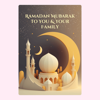 Ramadan Mubarak card with mosque and moon