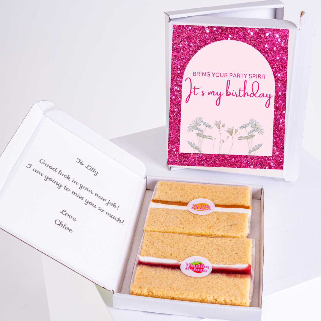 Birthday cake & card in gift box, It's my birthday & farewell message.