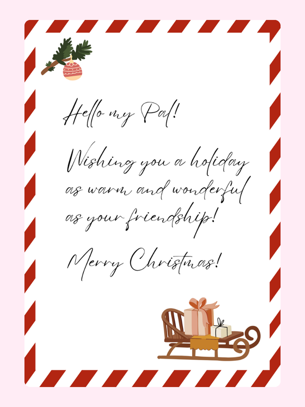 Christmas card with text and decorations.