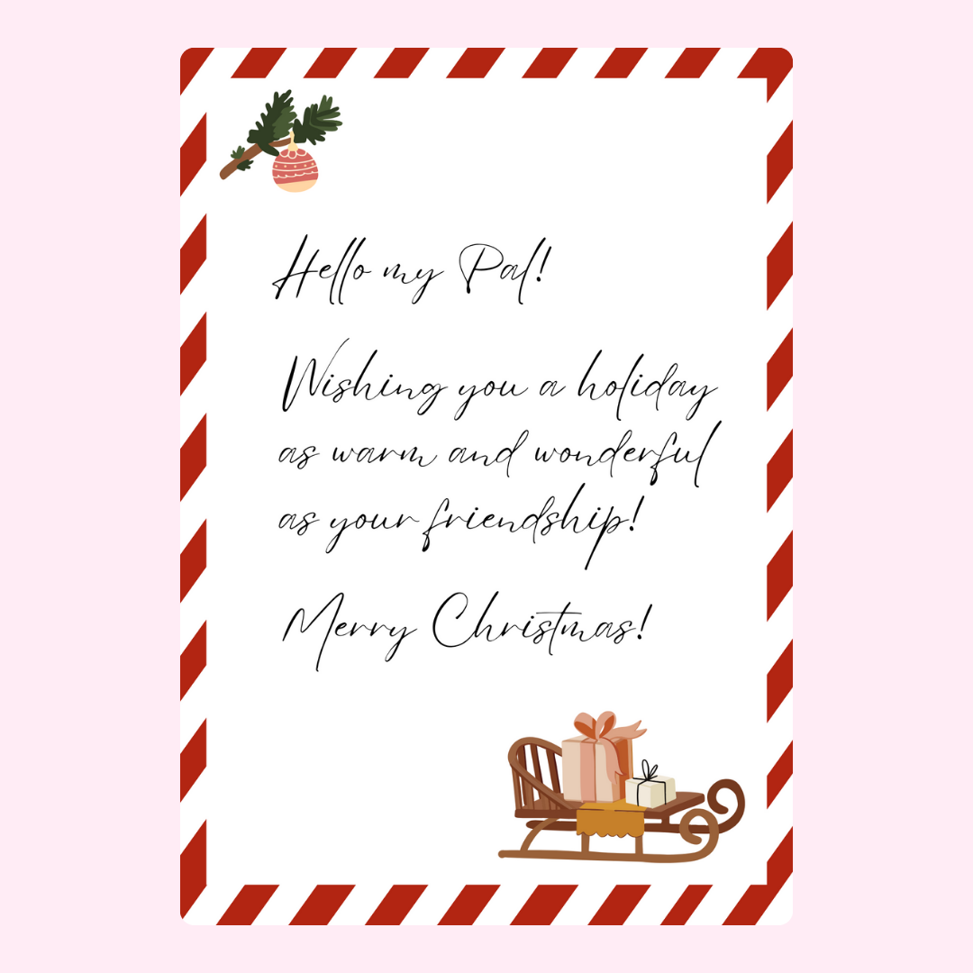 Christmas card with text and decorations.