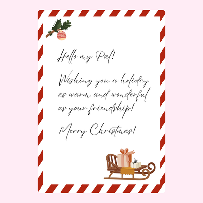Christmas card with text and decorations.