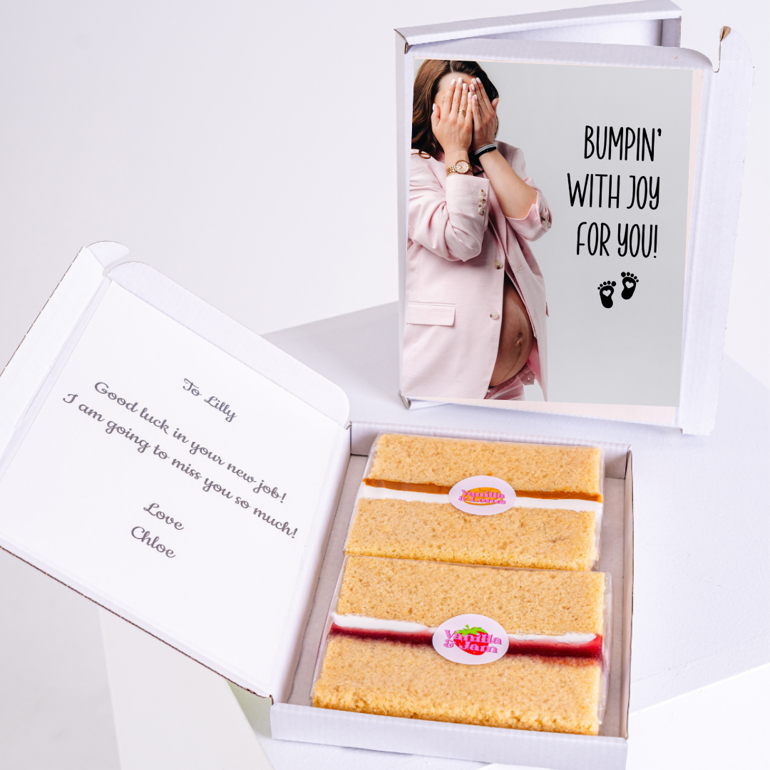 Gift box with cake & pregnancy card, Bumpin' with Joy for Lilly.