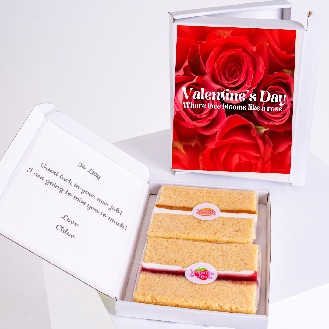 Valentine's Day cake gift box for Lilly with roses and message from Chloe.