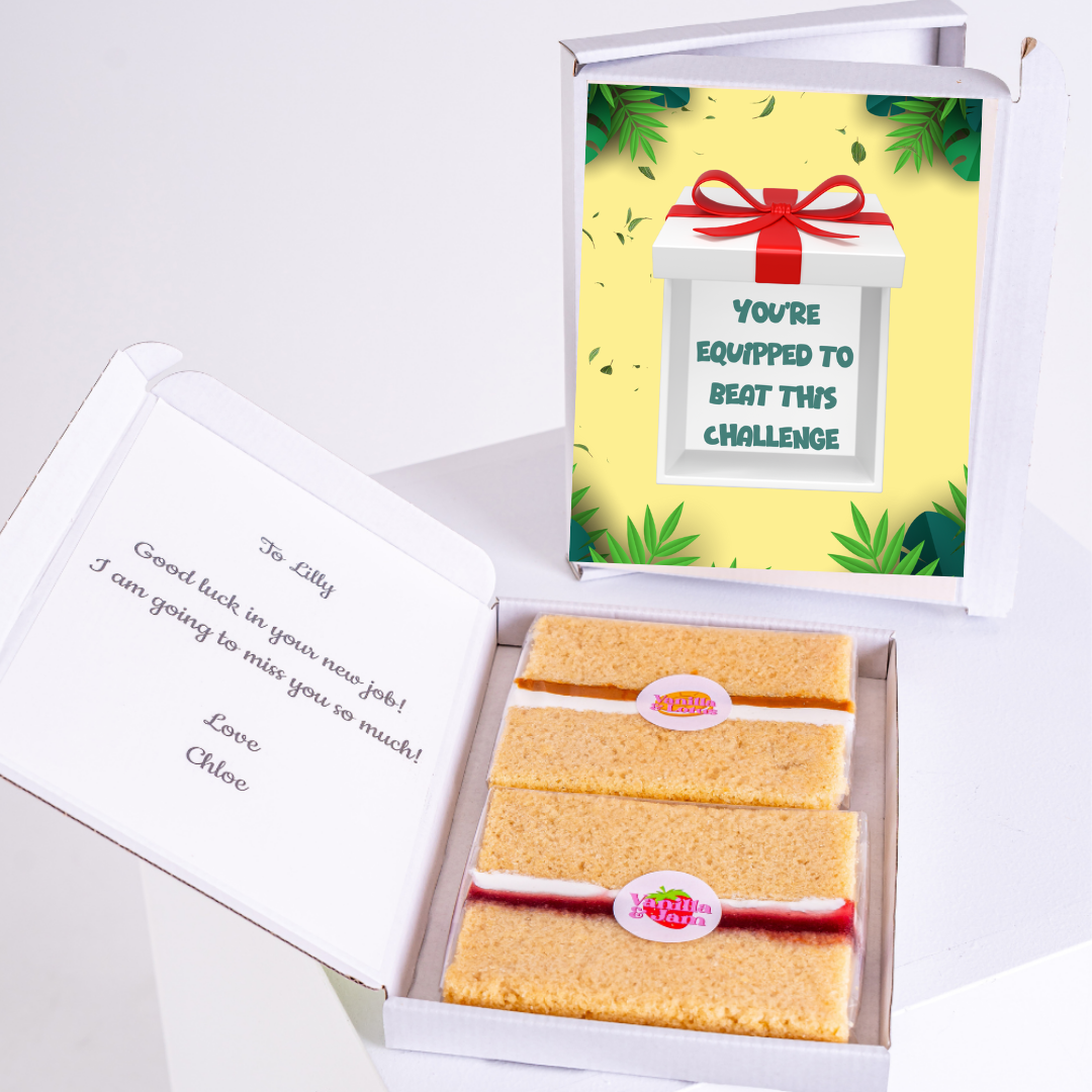 Gift box with cake and encouragement message for Lilly.