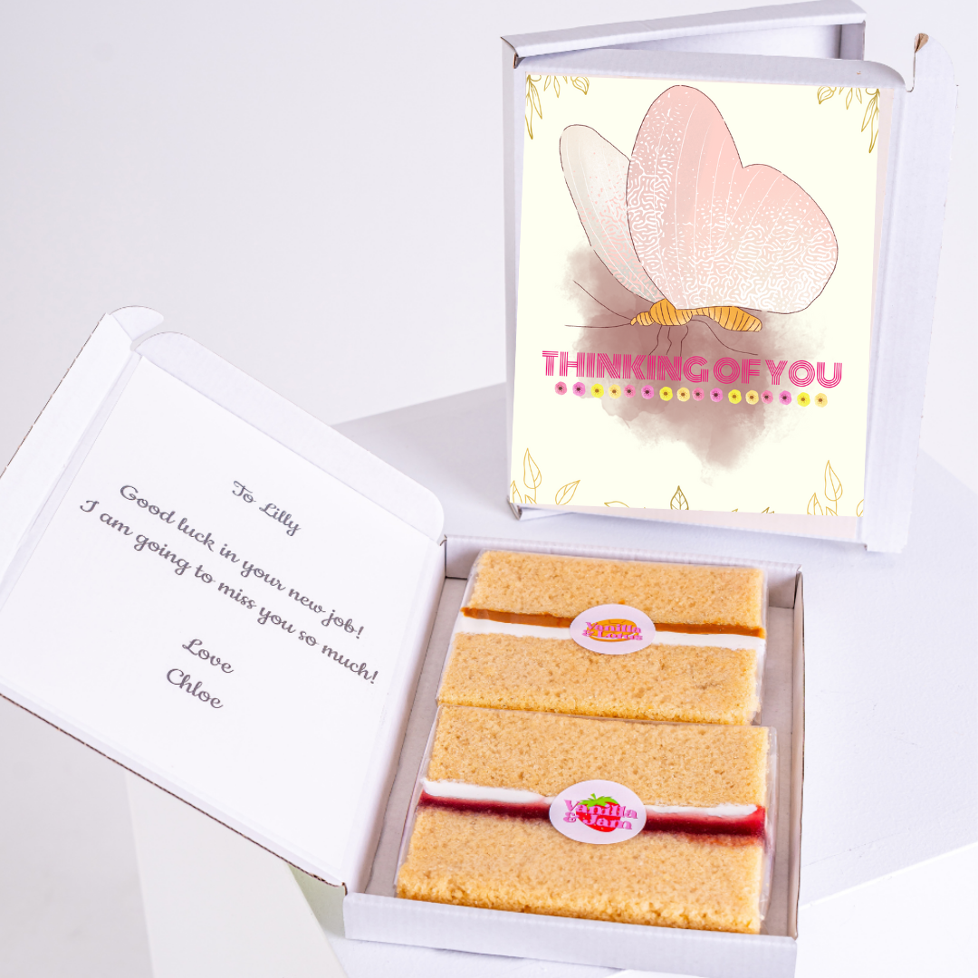 Thinking of you gift box with cake and card.