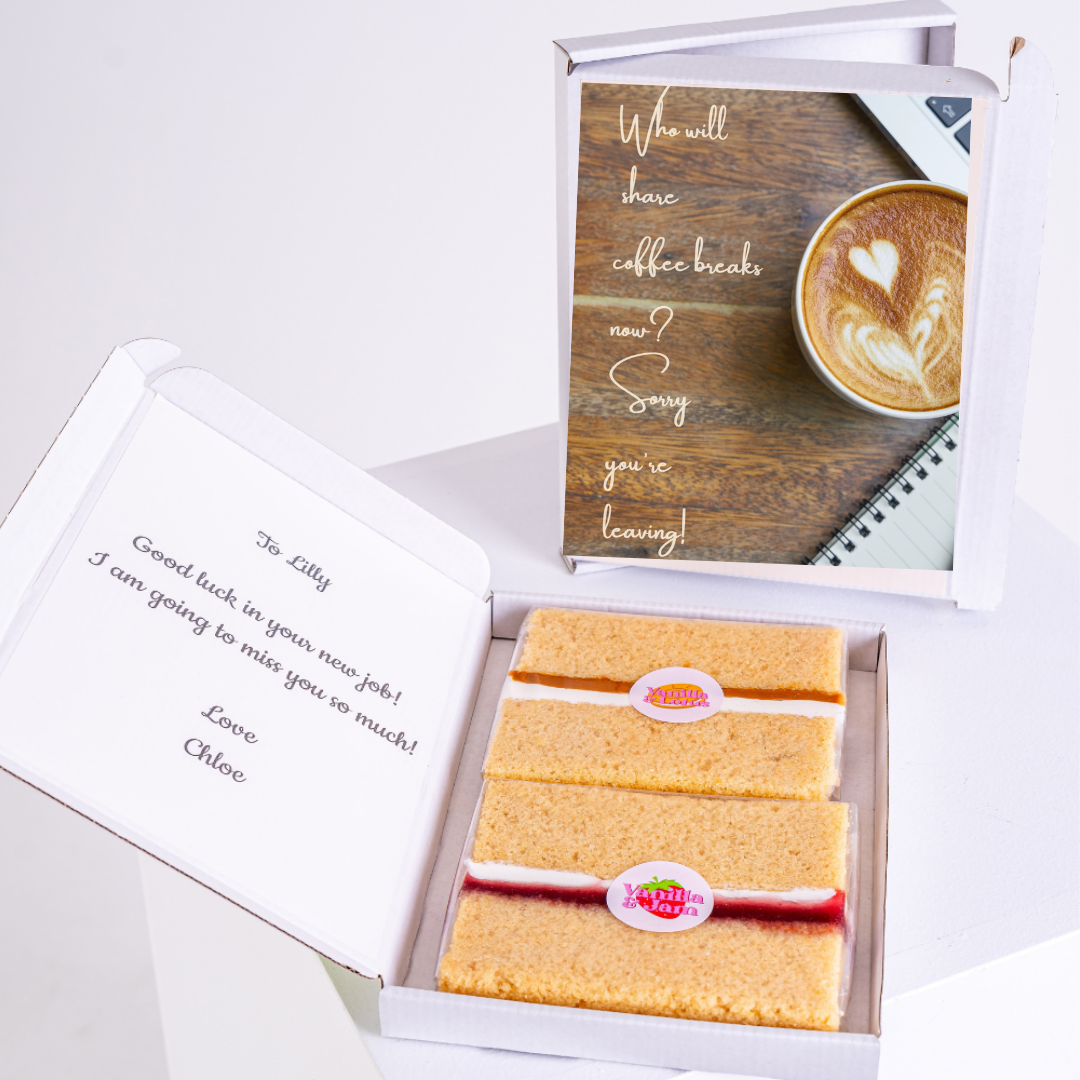 Farewell gift box for Lilly, includes cake and coffee, by Chloe