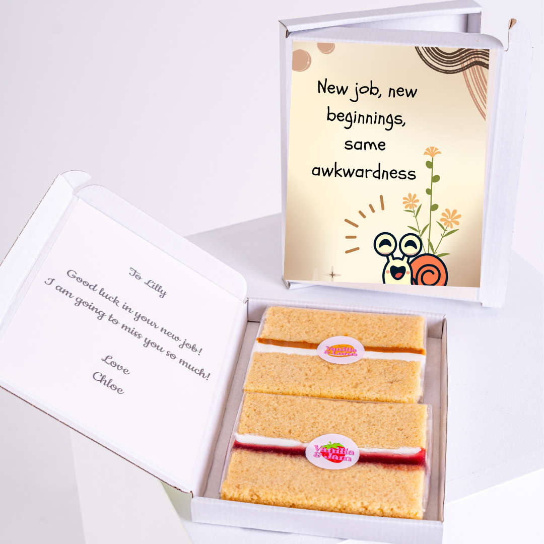 Farewell cake box with New job, new beginnings card