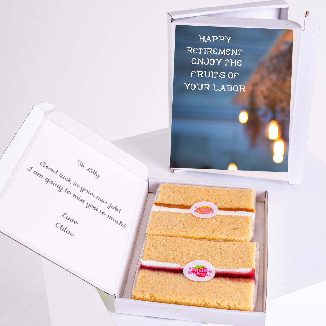 Retirement gift box with cake and message Enjoy the Fruits of Your Labor