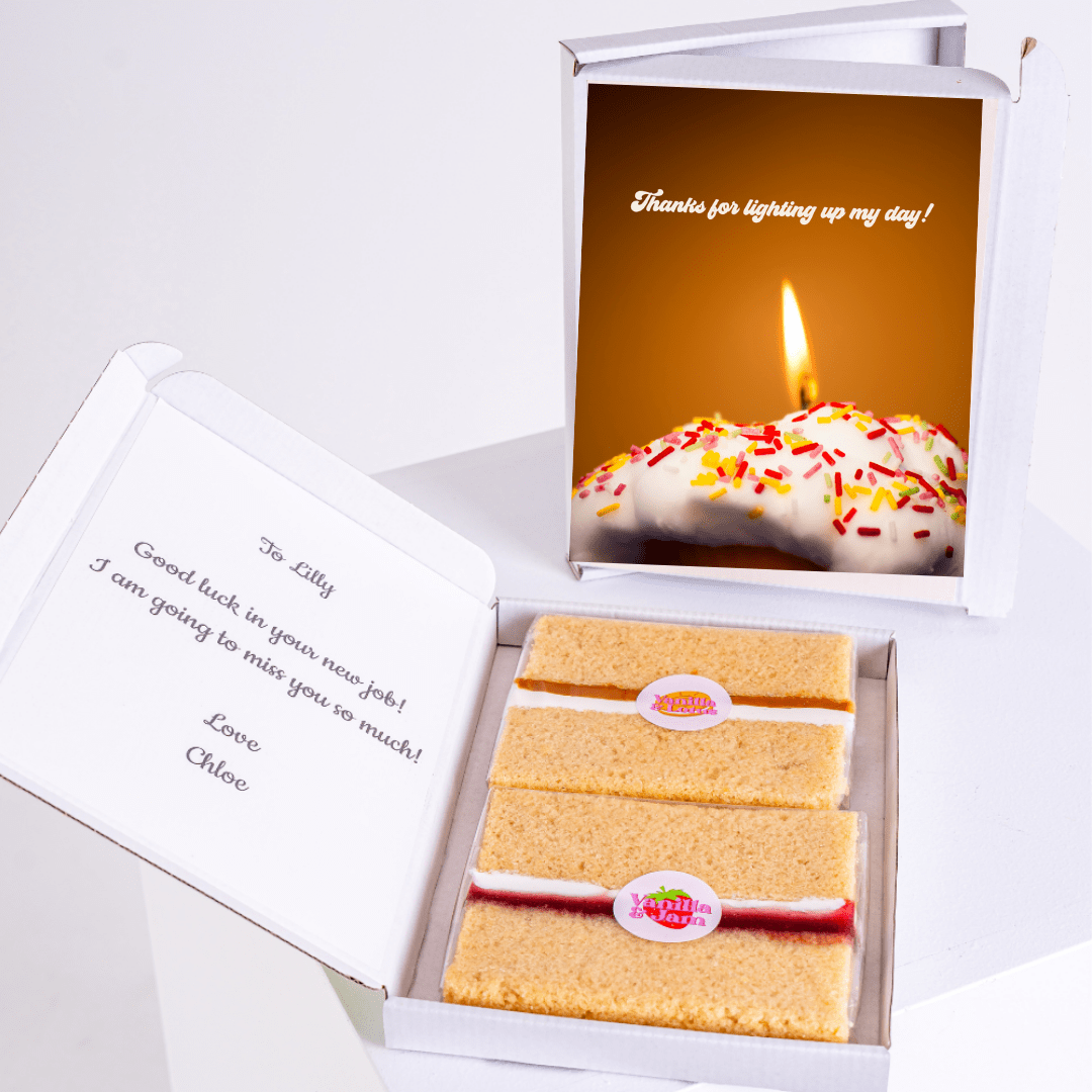 Cake gift box for Lilly, featuring a farewell message and candle