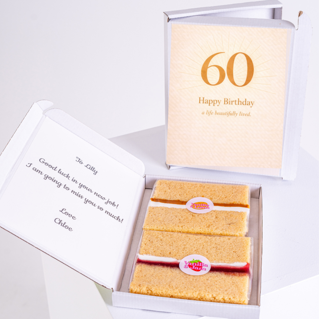 gold 60th birthday cake card with sponge slices in box