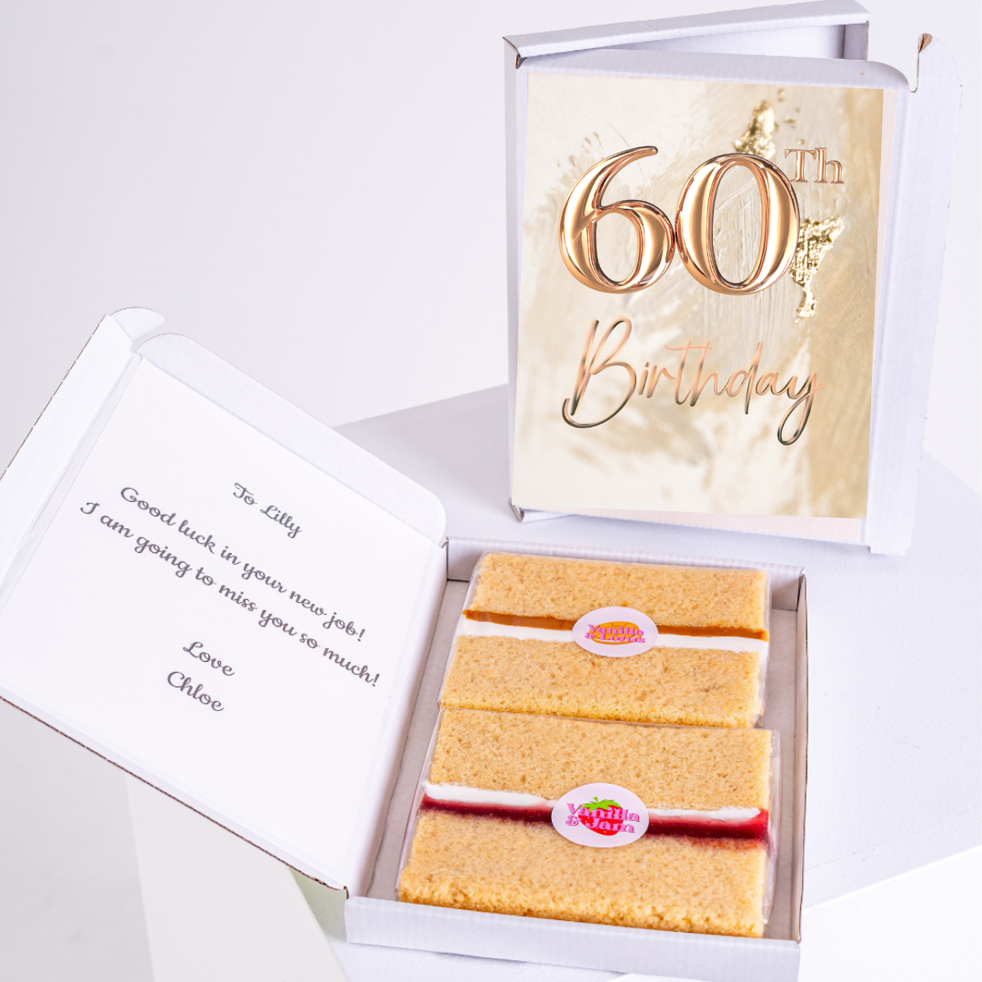 gold 60th birthday cake card with sponge slices in box