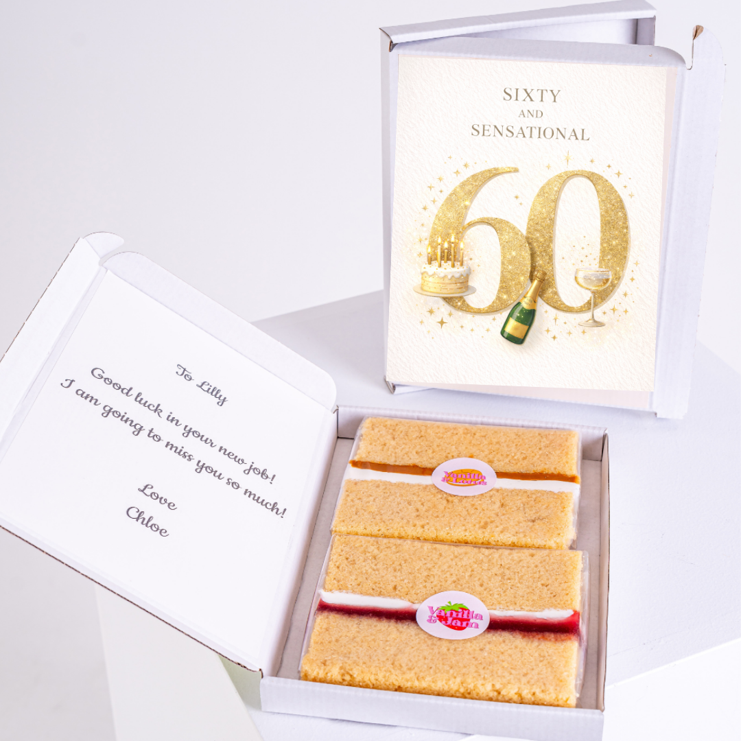 gold 60th birthday cake card with sponge slices in box
