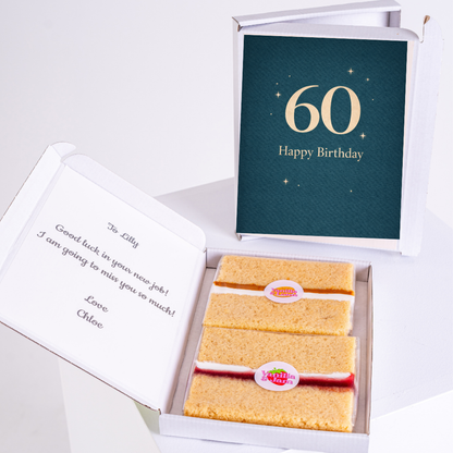 teal 60th birthday cake card with sponge slices in box