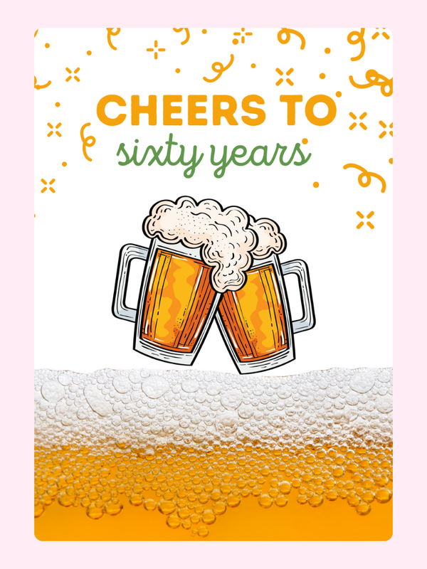 60th birthday card with beer cheers illustration and text