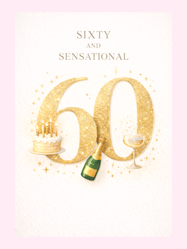 gold 60th birthday card with champagne cake and number 60