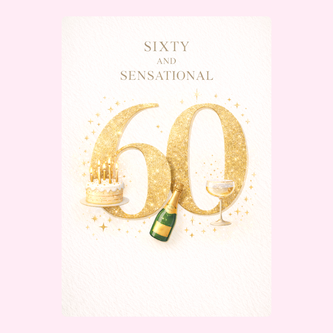 gold 60th birthday card with champagne cake and number 60