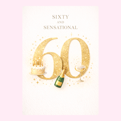 gold 60th birthday card with champagne cake and number 60