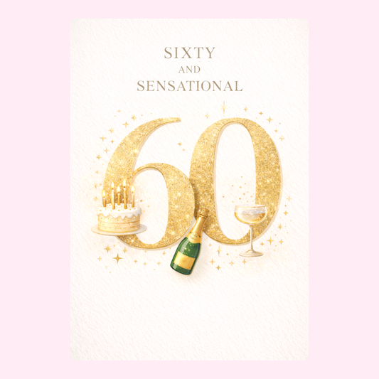gold 60th birthday card with champagne cake and number 60