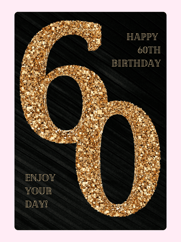 black and gold 60th birthday card with glitter design