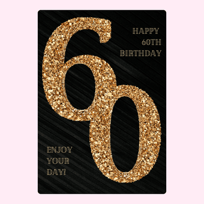 black and gold 60th birthday card with glitter design