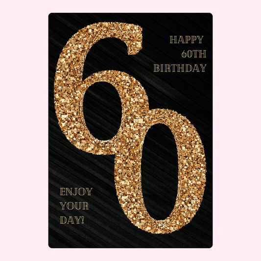 black and gold 60th birthday card with glitter design